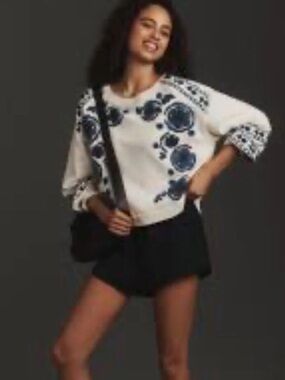 Anthropologie Long Sleeve Floral Embroidered Pullover Applique Ivory Blue Motif